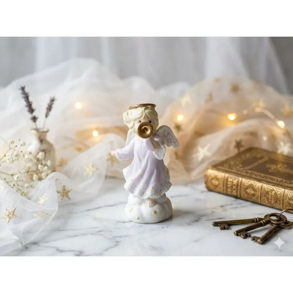 Enesco Heavenly Kingdom 1994 Porcelain Angel with Trumpet Shimmer Stone Star